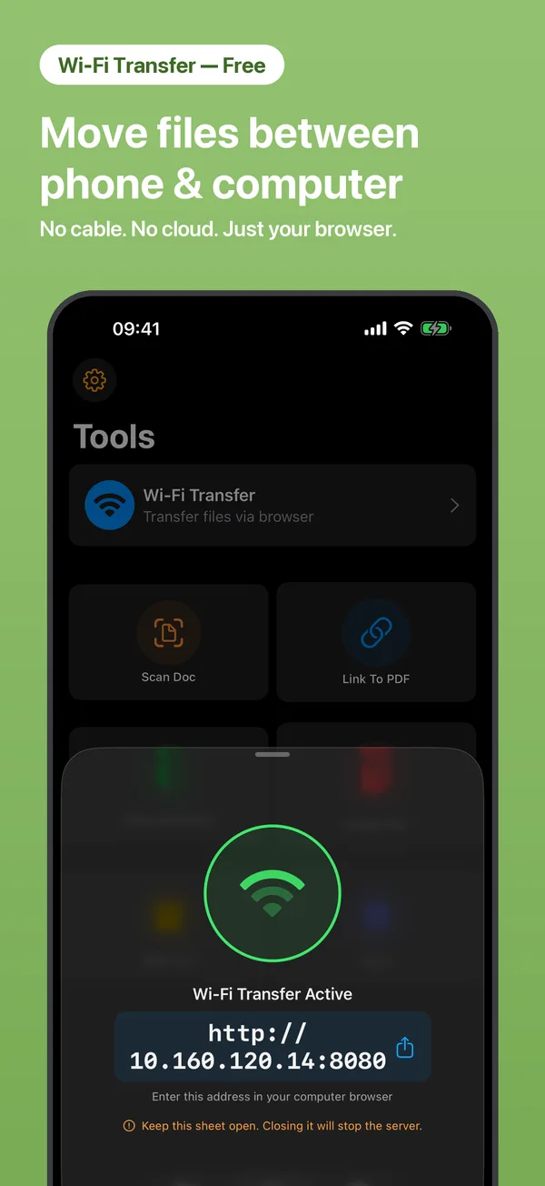 Wi-Fi Transfer active on iPhone, showing the browser address