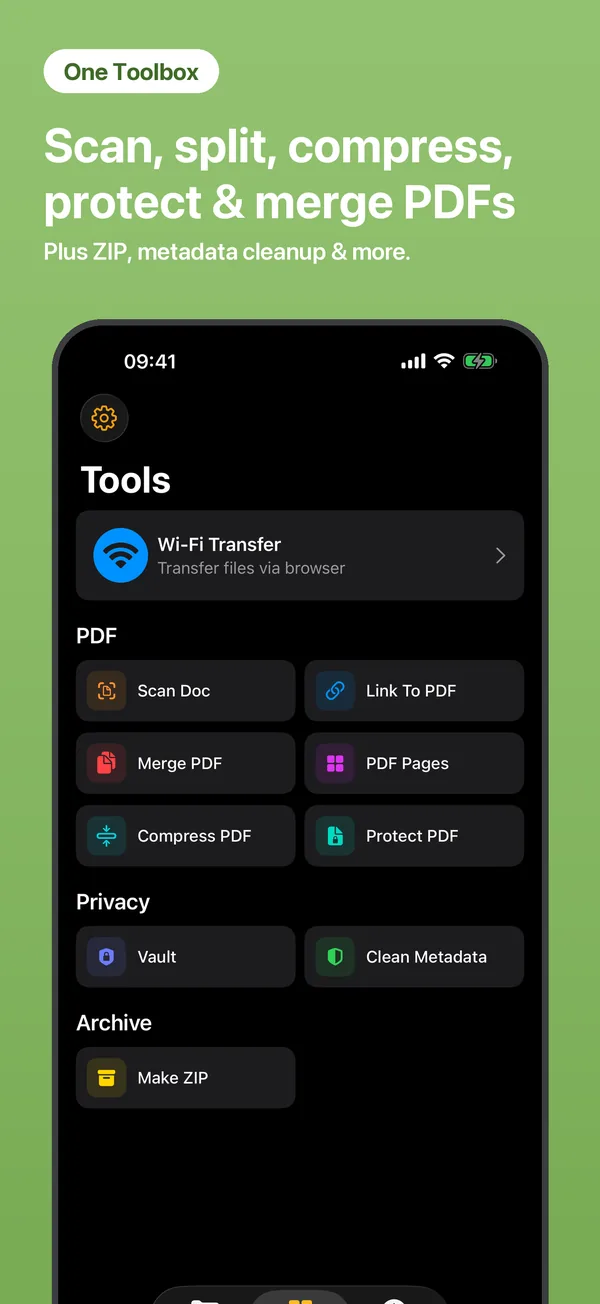 Tools overview: scan, split, compress, protect and merge PDFs, plus ZIP and metadata cleanup
