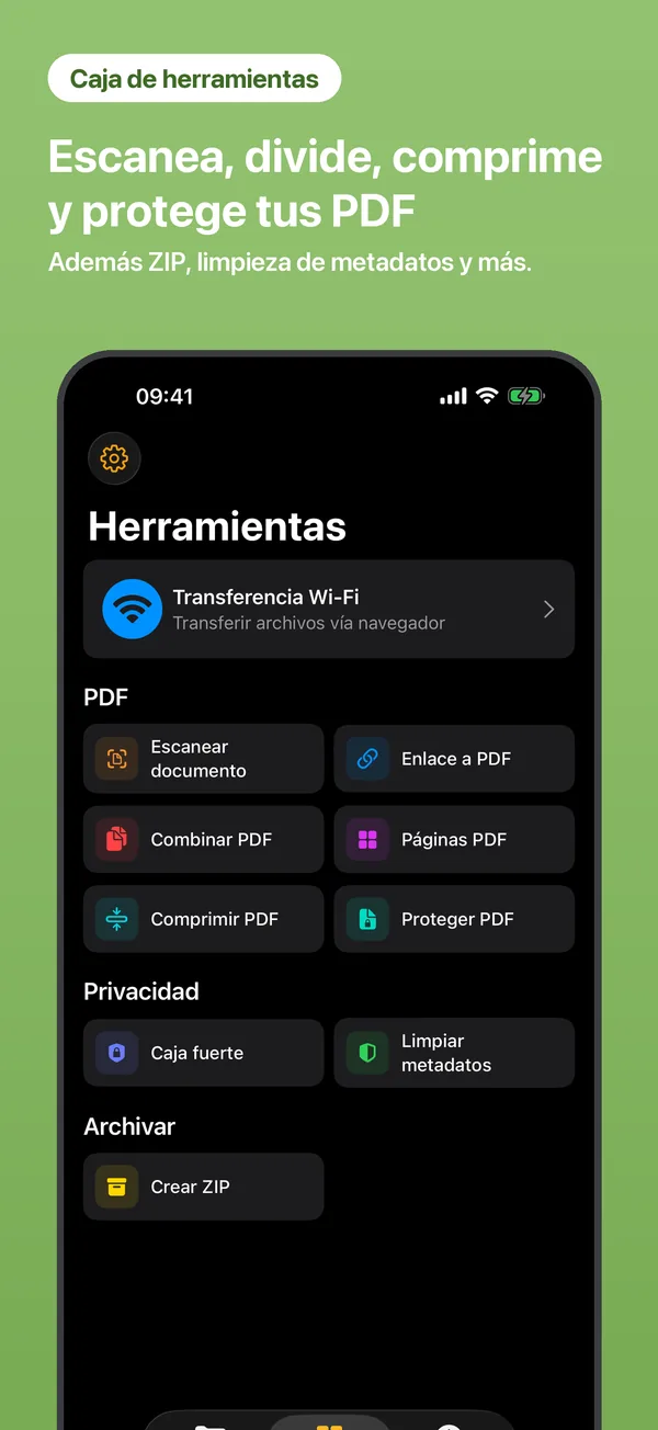 Herramientas: escanear, dividir, comprimir, proteger y unir PDF, además de ZIP y limpieza de metadatos